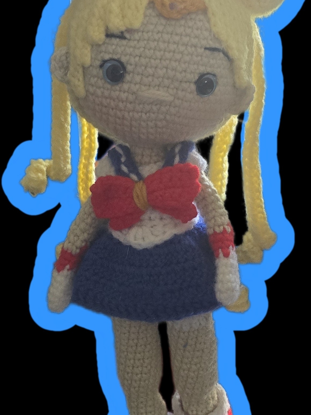 Handmade Crochet Sailor Girl Doll - Yellow Hair, Blue Dress & Red Bow